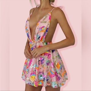 Showpo GARDEN OF EDEN PLUNGE NECK EMBELLISHED MINI DRESS IN BABY PINK PRINT Sm